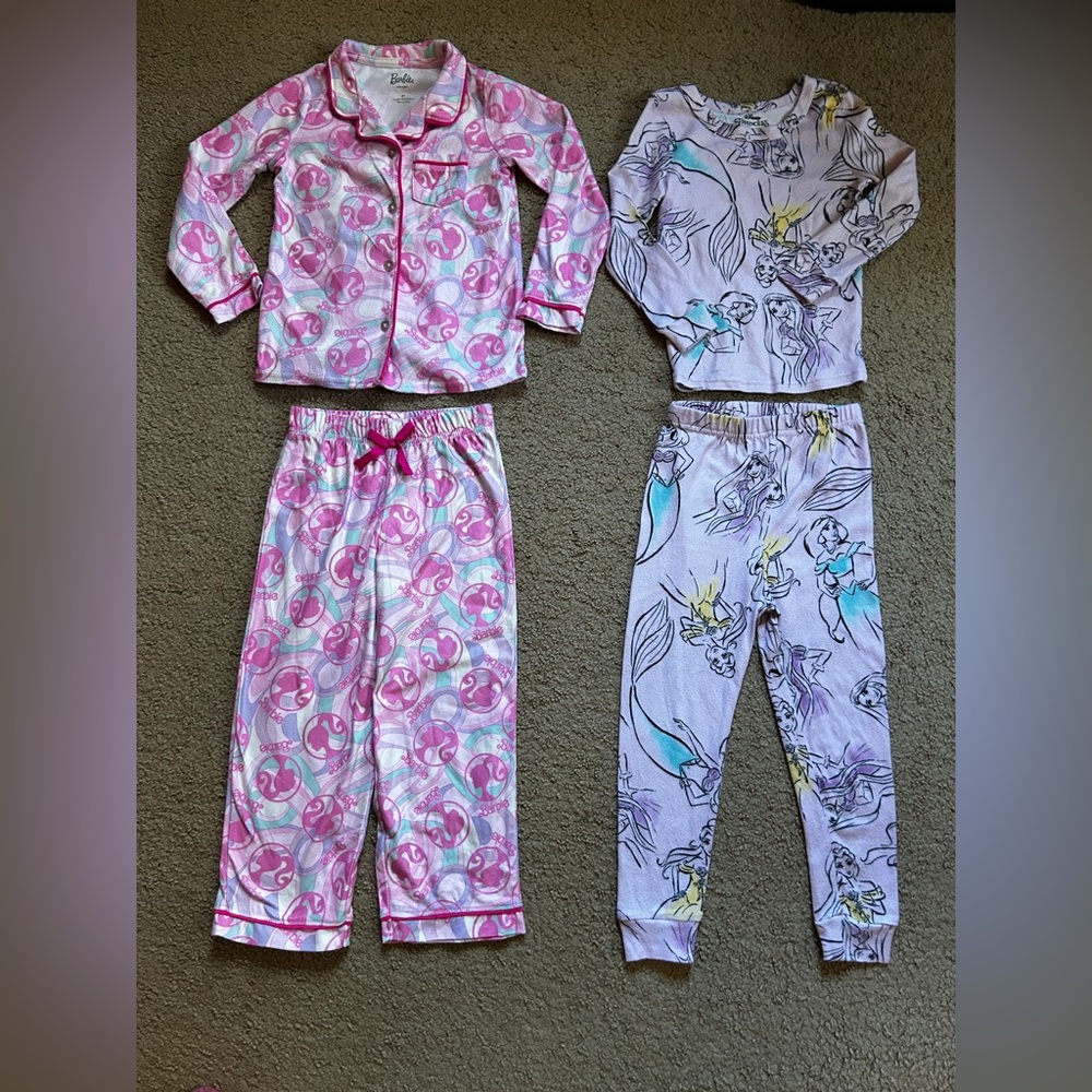 Lot Girls Disney Princess Barbie Pink Flannel Pyjamas Set 5-6T Long Slv Pants